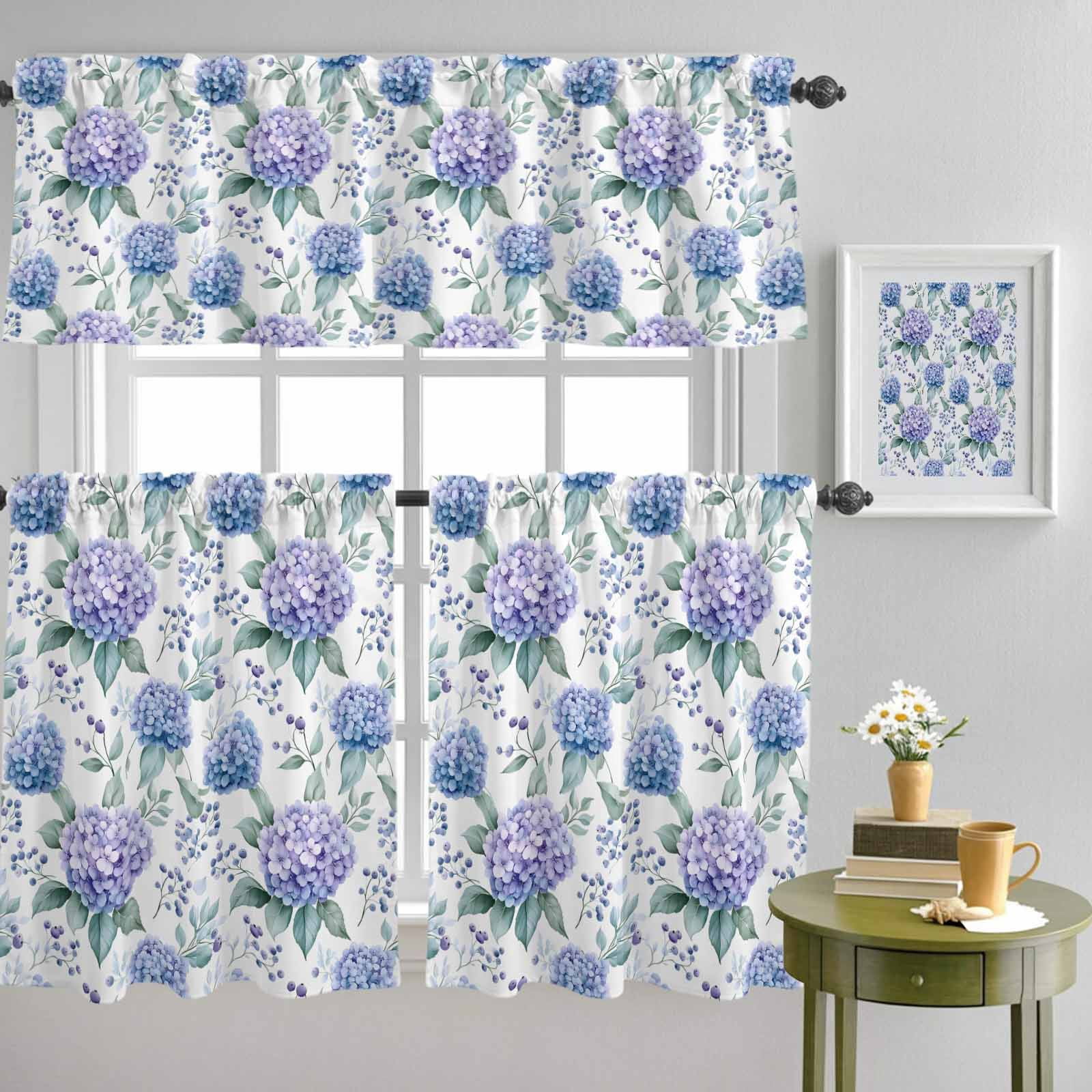 Hydrangea Flower Eucalyptus Leaf Curtain Tier and Valance Set 3 Piece ...