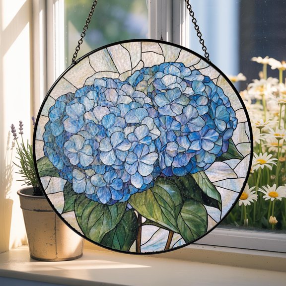 Hydrangea Flower Glass Suncatcher, Hydrangea Bouquet Stained Glass Suncatcher, Floral Hanging Window, Hydrangea Glass Ornament Gift for Her
