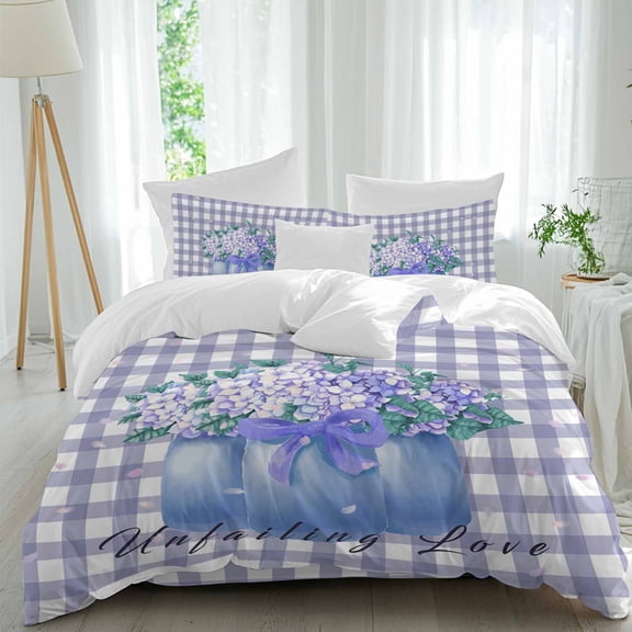 Hydrangea Flower in Glass Vase Queen Size Bed Set,Purple White Buffalo Plaid Bedding for All Seasons,4 Pcs Bed Set,1 Quiltcover (90"x92"),1 Sheet(94"x116"),2 Pillowcases (30"x20")