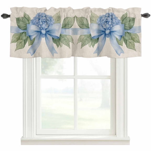 Hydrangea Flower Kitchen Valances for Windows, Pastoral Blue Bow Floral Spring Lraf Bathroom Window Valances 54x18 Inch Rod Pocket Window Treatments Valance Curtains for Living Room Bedroom Decor