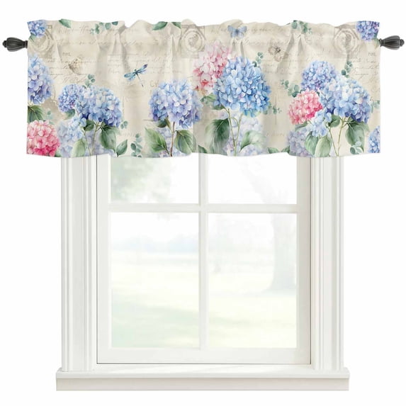 Hydrangea Flower Leaves Window Valance Curtain Butterfly Dragonfly Plant Rod Pocket Short Curtain for Living Room, Bedroom & Kitchen Window Decor 60x18in
