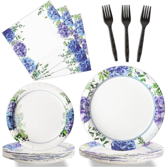Hydrangea Flower Party Plates and Napkins Set, Disposable Paper Tableware, Floral Dinnerware Decorations for Party