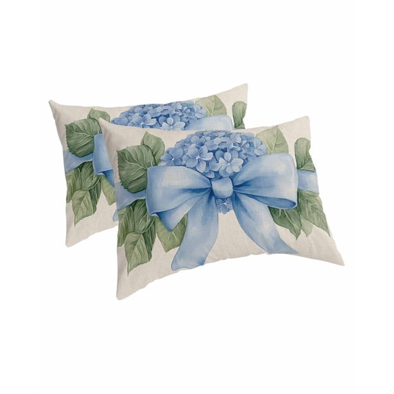 Hydrangea Flower Pillow Covers Queen Size 2 Pack, Pastoral Blue Bow Floral Spring Lraf Soft Bed Throw Pillowcases Breathable Cooling Long Lumbar Body Pillow Sham Cover for Bed Sofa 20''x30''