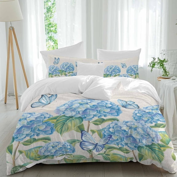 Hydrangea Flower Queen Size Comforter Set, Blue Butterfly Green Leaf Vintage Linen Bedding for All Seasons, 4 Pcs Bed Set, 1Quiltcover (90"x92") ,1Sheet(94"x116"), 2Pillowcases (30"x20")
