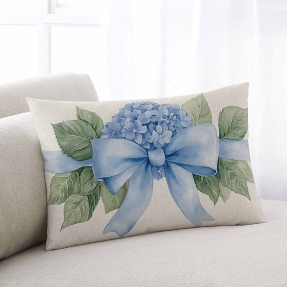 Hydrangea Flower Queen Size Pillow Cover, Pillowcase Protectors with Zipper, Breathable Decorative Throw Pillow Case Cover, Pastoral Blue Bow Floral Spring Lraf Pillow Shams for Couch Sofa 20x30Inch