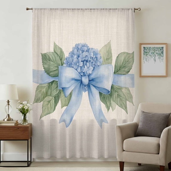Hydrangea Flower Sheer Curtains 63 Inches Long, Pastoral Blue Bow Floral Spring Lraf Light Filering Curtains, Breathable Simi Curtain Privacy Drapes for Living Room Bedroom Window Treatment