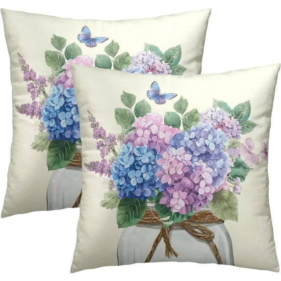 Hydrangea Flower Throw Pillow Cover Set of 2 16x16 Inch Vintage Blue Purple Floral Jar Watercolor Decorative Couch Pillow Cushion Case for Outdoor Patio Living Room Bedroom Decor