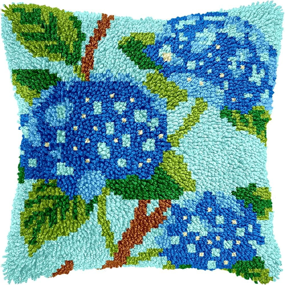 Hydrangea Flowers Latch Hook Pillow Cover Kits for DIY Handmade Throw Pillow Cross Stitch Latch Hooking Pillowcase Kits with Preprinted Color Pattern Canvas Crochet Yarn Kits 17''X 17''(7-267)