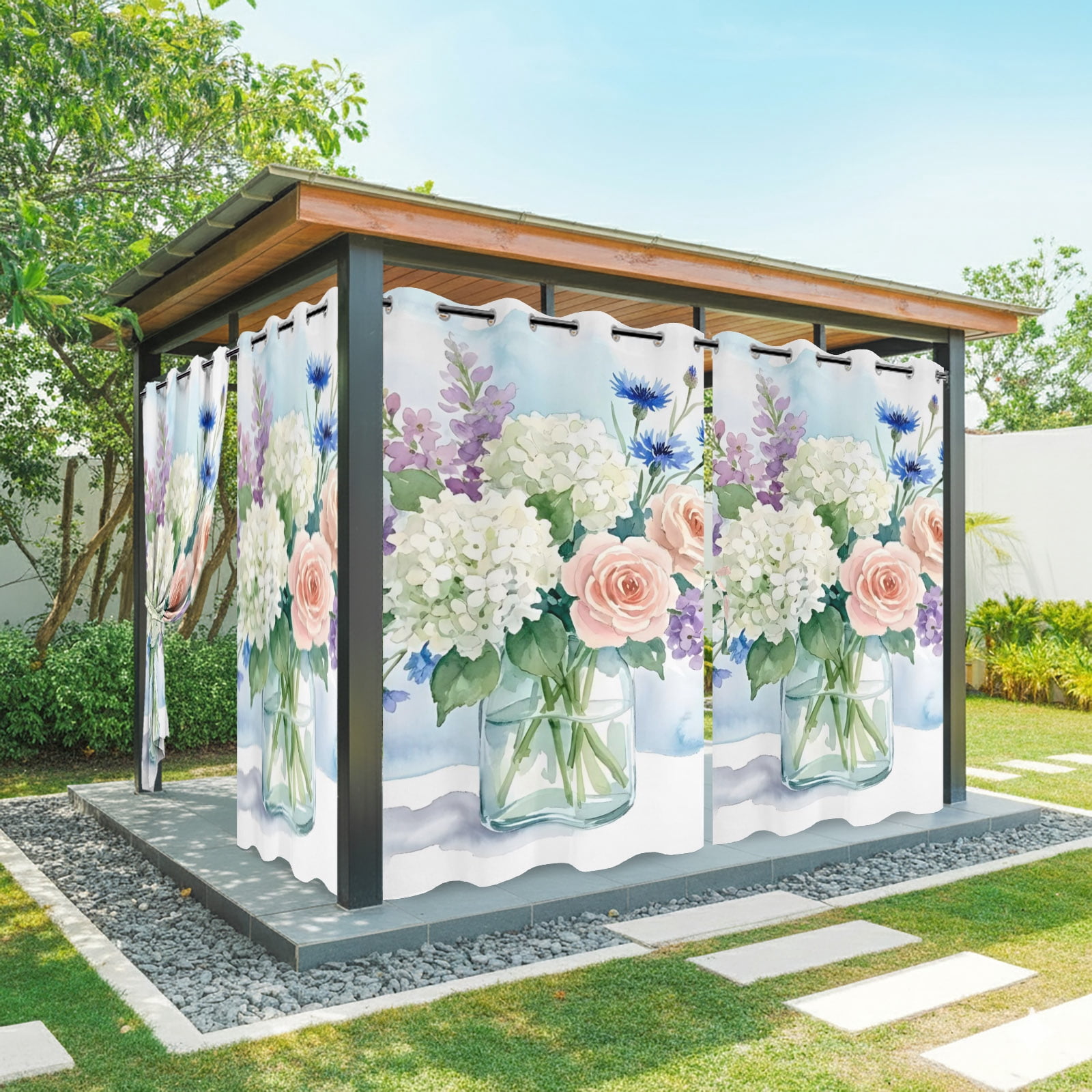 Hydrangea Flowers Lavender Rose Outdoor Curtains for Patio, Bouquet Farmhouse Sunshade Privacy Drapes Grommet Waterproof Outside Curtains for Porch/Cabana/Balcony 54"x 108", 1 Panel