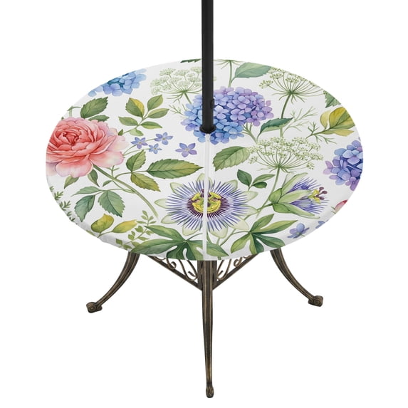 Hydrangea Flowers Round Outdoor Tablecloth with Umbrella Hole Zipper, Spring Floral Botanical Blossom Elastic Fitted Table Cover, Waterproof Table Cloth for Patio Picnic Party Fits 45"-54"