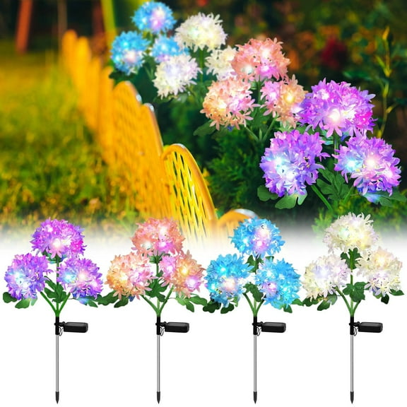 Hydrangea Flowers Solar-Powered Garden Lights | Seven-Color Cycling & White Mode | 3 LED Ambient Illumination | 29in PVC/Stainless Steel Stake | IP65 Outdoor Waterproof | Rechargeable Battery | Easy
