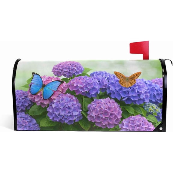 Hydrangea Flowers with Butterflies Magnetic Mailbox Cover Spring Summer Floral MailWraps Garden Yard Home Decor for Outside Oversized-25.5" x20.8"
