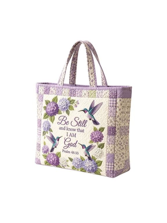 Hydrangea Hummingbird Canves Bag Bible Verse Print Quilted Tote Bag Lightweight Patchwork Shoulder Handbag Large Capacity For Shopping Grocery Travel Beach Daily Use