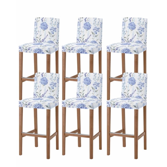 Hydrangea Leaves Bar Stool Covers Set of 6, Blue Striped Botanical Floral Stretch Washable Bar Chair Covers with Backs, Removable Pub Counter Height Chair Cover for Kitchen Dining Room Cafe