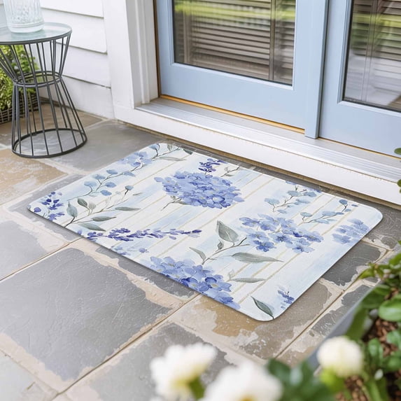 Hydrangea Leaves Door Mat Indoor Outdoor, Blue Striped Botanical Floral Non Slip Welcome Mat with Rubber Backing, Absorbent Fabric Front Door Mats Entryway Rug for Home Patio Entrance 20"x31.5"
