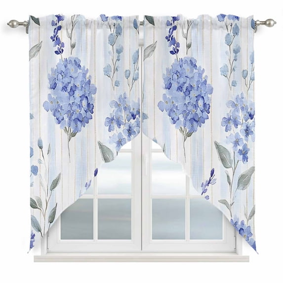 Hydrangea Leaves Kitchen Window Curtains, Swag Curtains Valance for Bedroom Living Room Bathroom, Blue Striped Botanical Floral Rod Pocket Window Treatment Curtain Block Drapes 2 Panels 36"x45"