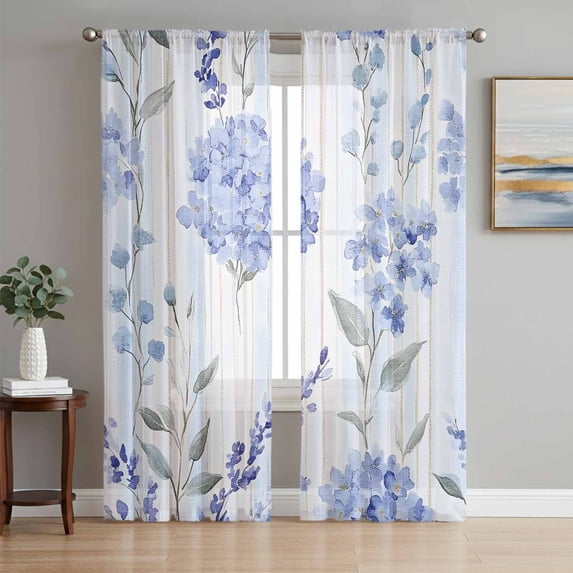 Hydrangea Leaves Semi Sheer Window Curtains 72 Inches Long, Blue Striped Botanical Floral Rod Pocket Voile Silky Chiffon Curtain Light Filtering Drapes for Living Room, Kitchen, 52"x72", 2 Panels