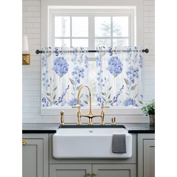 Hydrangea Leaves Sheer Kitchen Tier Curtains 24 Inch length,Rod Pocket Half Curtains Short Drapes,Blue Striped Botanical Floral Light Filtering Chiffon Small Window Treatments 2 Panels 27.5"W x 24"L
