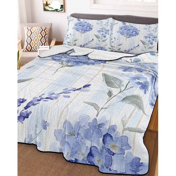 Hydrangea Leaves Twin Size Down Alternative Comforter, Lightweight Comforter Quilt Bedding Set with Pillow Shams Blue Striped Botanical Floral All Seasons Bed Comforter Duvet Insert 68"x86"