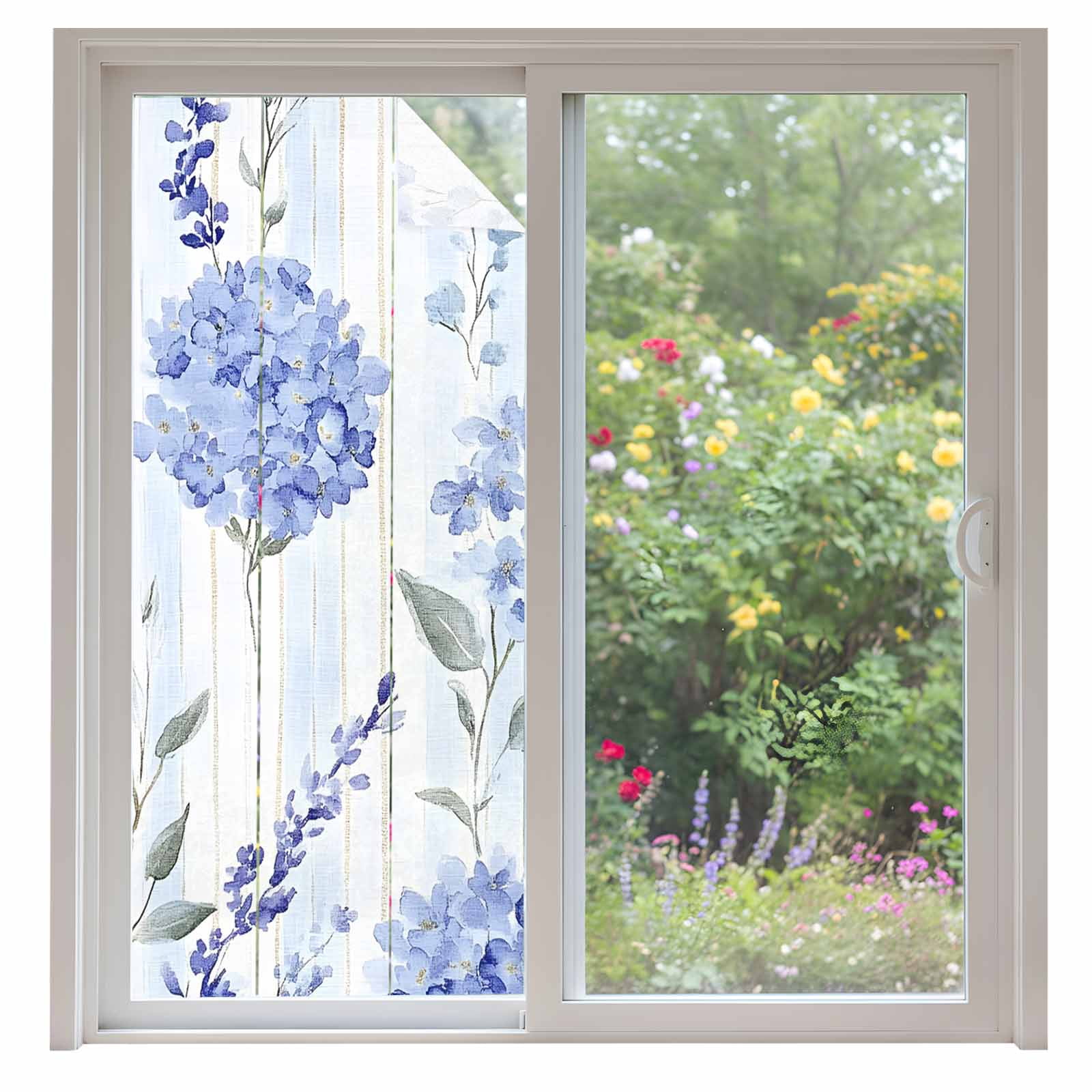 Hydrangea Windows Hydrangea Leaves Window Privacy Film, Blue Striped Botanical Floral ...