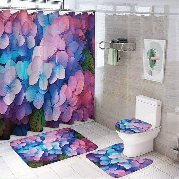 Hydrangea Macrophylla (16) Shower Curtain Waterproof Bathroom Curtain Anti-slip Bath Mat Set Toilet Rugs Carpet 4pcs