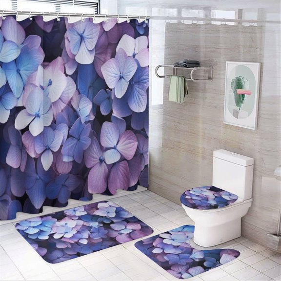 Hydrangea Macrophylla (18) Shower Curtain Set Waterproof Bathroom Toilet Seat Cover Bath Non-slip Mat Rug Carpet Bath Decor 4pcs