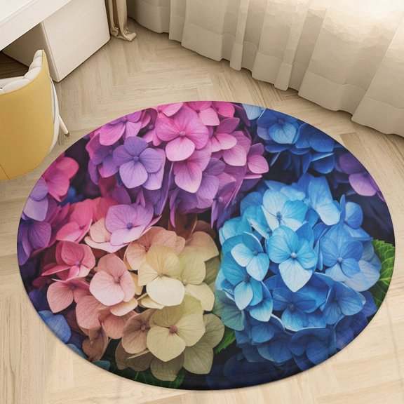Hydrangea Macrophylla Round Area Rugs for Bedroom Living Room, 4FT Soft Indoor Circle Carpets, Carpet Home Decor Floor Mat
