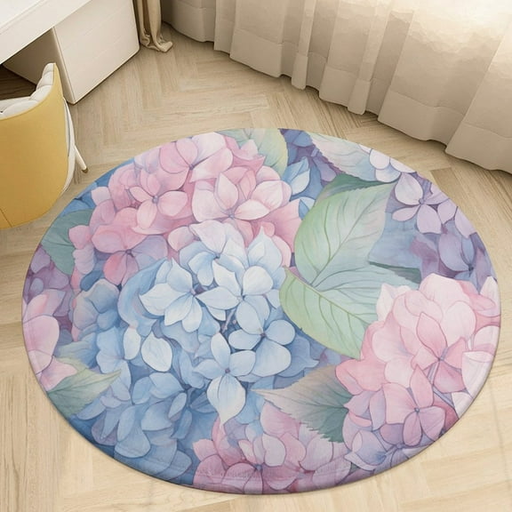 Hydrangea Macrophylla Round Area Rugs for Bedroom Living Room, 4FT Soft Indoor Circle Carpets, Carpet Home Decor Floor Mat