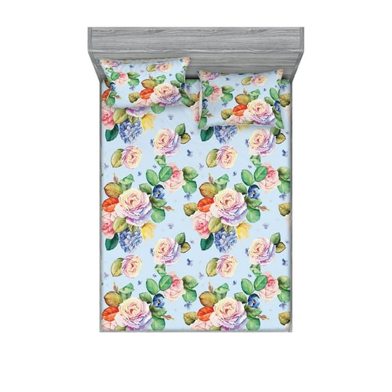 Hydrangea Pattern Fitted Sheet & Pillow Sham Set, Colorful Design of Delicate Flowers Boho with Leaves Greenery, Decorative Printed 3 Piece Bedding Decor, Calking, Pale Blue Multicolor, by Ambesonne