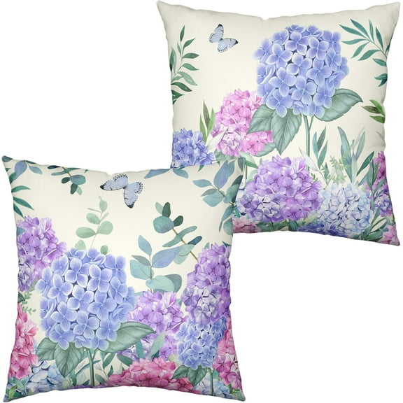 Hydrangea Pillow Covers 18x18 Set of 2 Spring Flowers Outdoor Pillow Covers Blue Purple Hydrangea Eucalyptus Throw Pillowcase Cotton Linen Cushion Case for Sofa Outdoor Patio