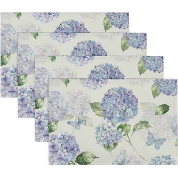 Hydrangea Placemats Set of 4 18x12 Inch Spring Summer Blue Floral and Butterfly Linen Place Mats Heat-Resistant Washable Wipeable Flower Table Mat for Party Kitchen Dining Room Dinner Table Decor