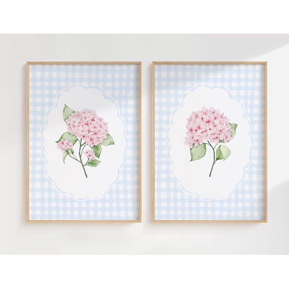 Hydrangea Print Set Pink Blue Decor Floral Gingham Wall Art Set 2 Stretched Canvas 16x24