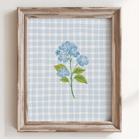 Hydrangea Print Wall Art, Blue Floral Gingham Decor, Cottagecore Kitchen Art, Farmhouse Botanical Print, Preppy Nursery Decor Wall Art, Modern Wall Decor, 8x12 UNFRAMED