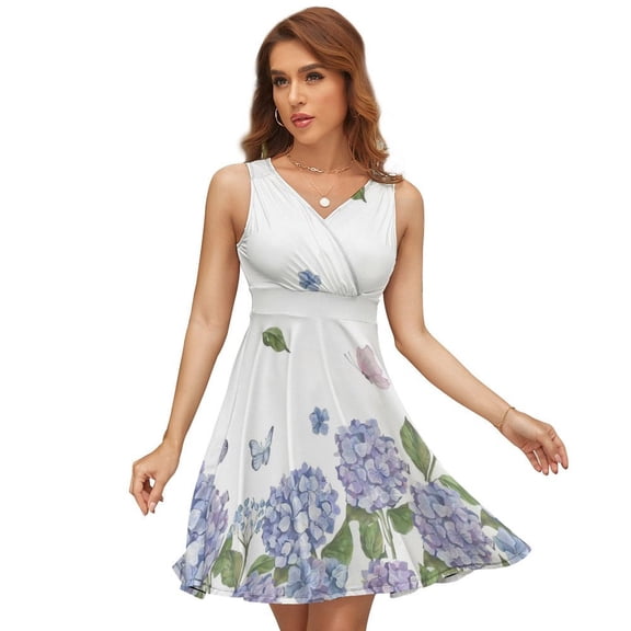 Hydrangea Purple Floral Dress Summer Street Style Dresses Female Sleeveless Printed Sundress