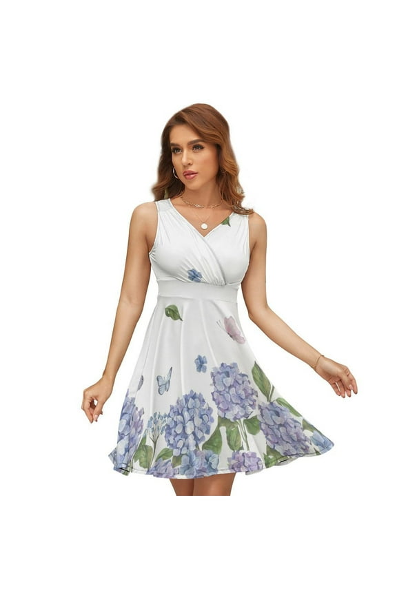 Hydrangea Purple Floral Dress Summer Street Style Dresses Female Sleeveless Printed Sundress