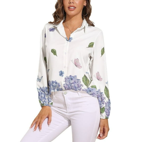 Hydrangea Purple Floral Long Sleeve Blouse Woman Streetwear Casual Shirts Summer Oversize Woman Streetwear Clothing Birthday Present
