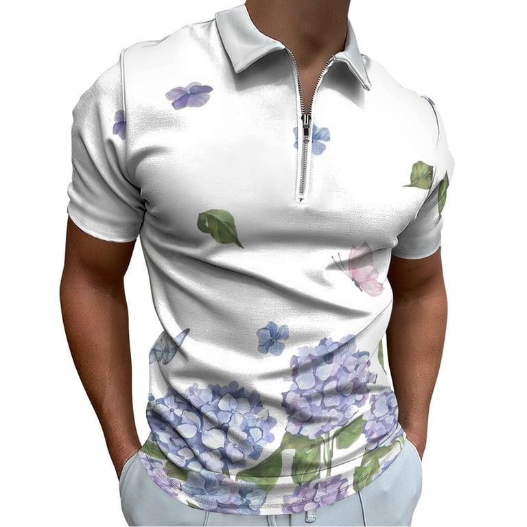 ◆Hydrangea4936◆ Hydrangea Purple Floral Men Zipper T-shirt Summer Casual Short