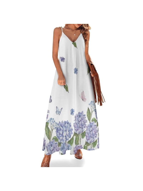 Hydrangea Purple Floral Sleeveless Suspender Dress Summer Fashion Casual Long Dress