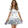 thumbnail image 1 of Hydrangea Purple Floral Women Dress V-Neck Short Sleeve Flowy Swing Party Midi Dress, 1 of 4