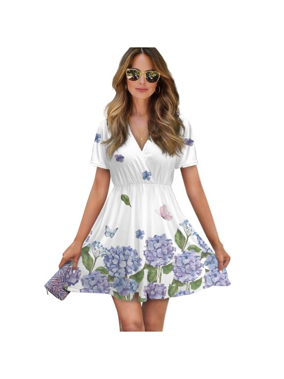 Hydrangea Purple Floral Women Dress V-Neck Short Sleeve Flowy Swing Party Midi Dress