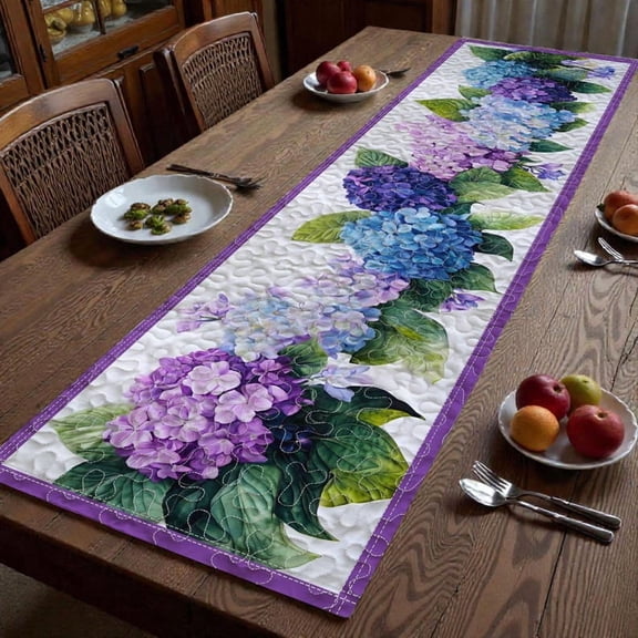 Hydrangea Quilt Table Runner Purple Blue Floral Botanical Table Runner for Dining Table Spring Summer Farmhouse Décor