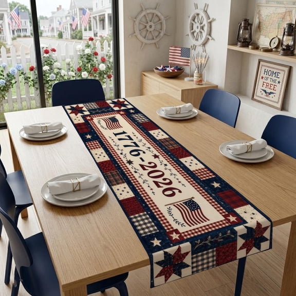 Patriotic Americana Quilt Table Runner, Rustic Patchwork Farmhouse Decor