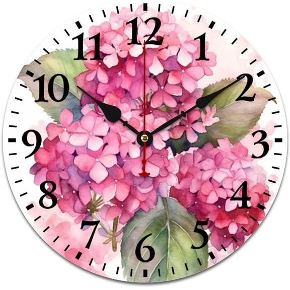 Hydrangea Raspberry Pink Hedgerow Watercolor Clock Farmhouse Pink Watercolor Flowers Blooming Peony Hydrangea Blooms Wooden Hanging Clock Silent Non-Ticking Farmhouse Living Room Bedroom 12 Inch