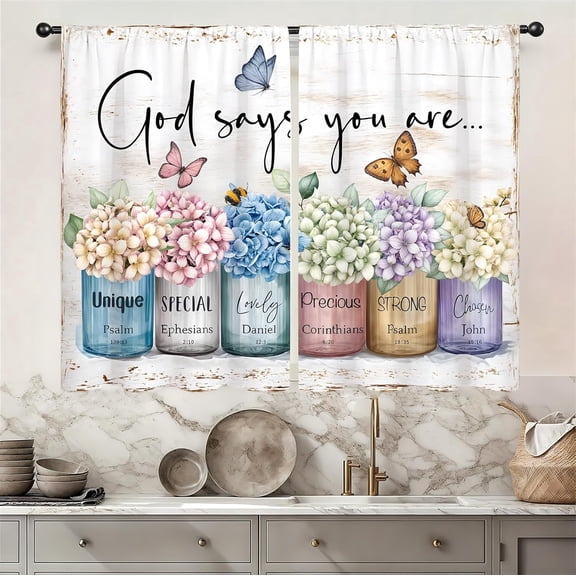 Hydrangea Religious Floral Kitchen Curtain 26W X 36L Inch 2 Panels Rod Pocket God Says You are Scripture Christian Verse Flower Butterfly Small Short Cafe Tier Window Drape Bathroom Decor
