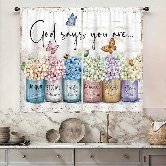 Hydrangea Religious Floral Kitchen Curtain 27.5W X 39L Inch 2 Panels Rod Pocket God Says You are Scripture Christian Verse Flower Butterfly Small Short Cafe Tier Window Drape Bathroom Decor