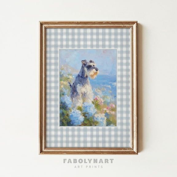 Hydrangea Schnauzer Blue Gingham Lakeside Cottagecore Dog Graphic Poster Unframed Paper Print