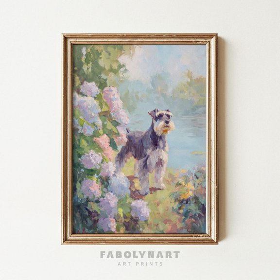 Hydrangea Schnauzer Pastel Lakeside Cottagecore Dog Poster Unframed Paper Print