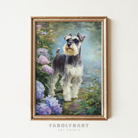 Hydrangea Schnauzer Vintage Lakeside Cottagecore Dog Graphic Poster Unframed Paper Print
