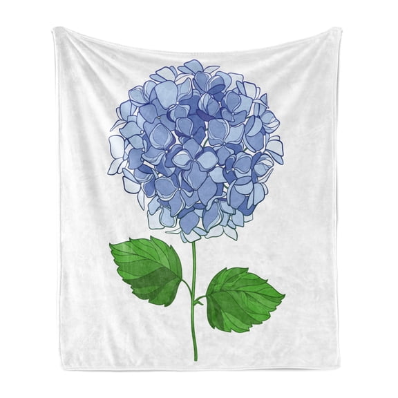 Hydrangea Soft Flannel Fleece Throw Blanket, Simple Digital Drawn Graphic of Flower Blooms, Cozy Plush for Indoor and Outdoor Use, 50" x 60", Ceil Blue Fern Green, by Ambesonne