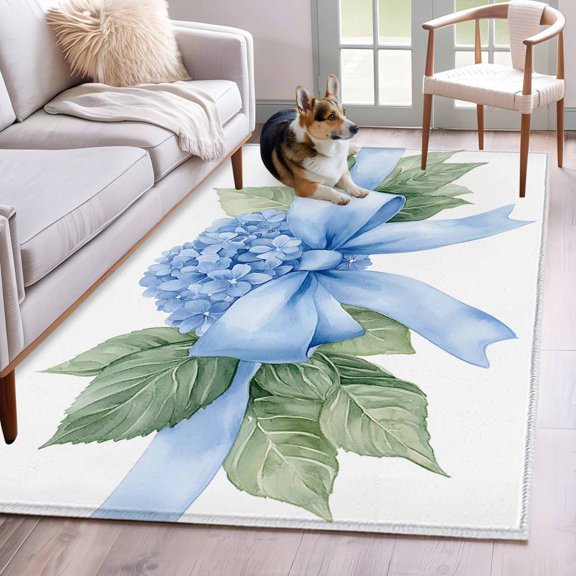 Hydrangea Spring Area Rug 3x5 Washable Rug Non Slip Idyllic Flower Floral Bow Plant Leaf Large Area Rug Indoor Floor Carpet for Entryway Bedroom Kitchen Living Room Home Office Dining Room Nursery